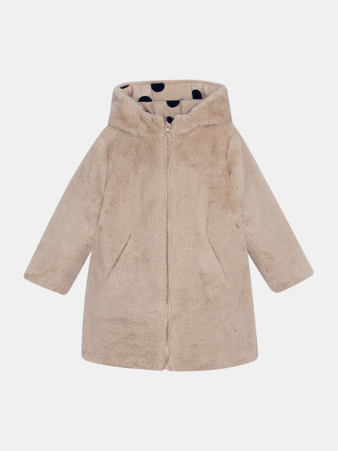 Reversible Beige Faux Fur Hooded Coat