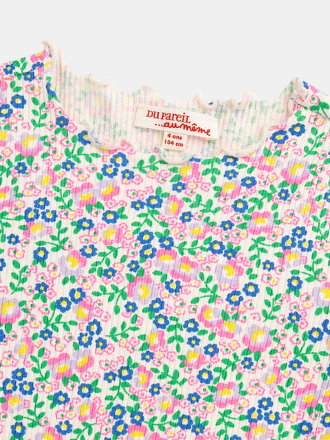 Ribbed Cream Floral Print Cotton T-shirt