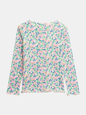 Ribbed Cream Floral Print Cotton T-shirt