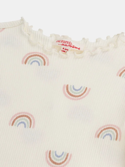 Ribbed Cream Rainbow Print Cotton T-shirt