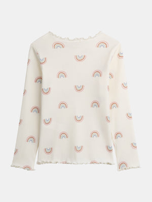 Ribbed Cream Rainbow Print Cotton T-shirt