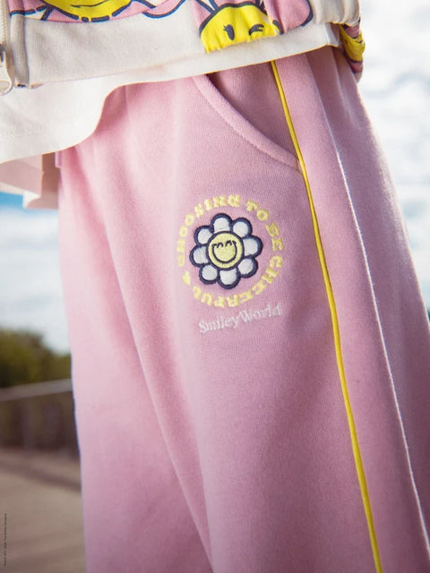 Pink Cotton Fleece Smiley Joggers