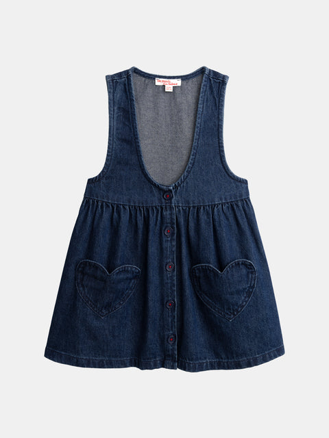 V Neck denim Dress With Heart Patch Pockets