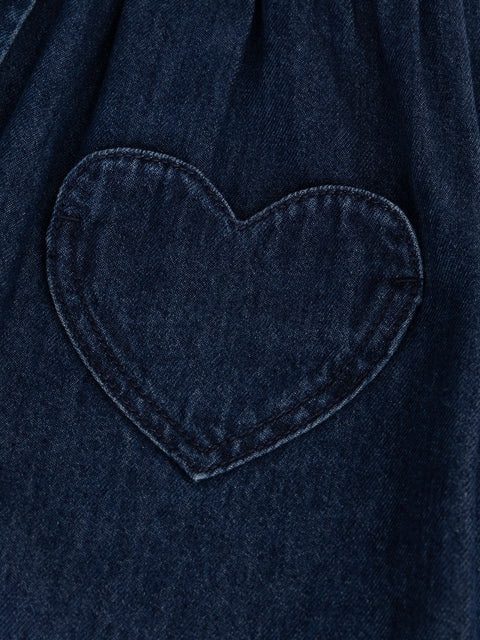 V Neck denim Dress With Heart Patch Pockets