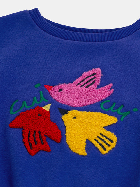 Blue Embroidered Cotton Fleece Sweatshirt