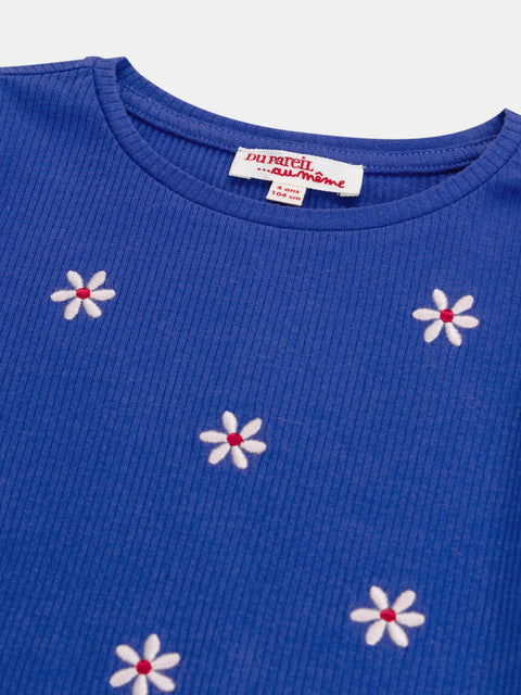 Blue Floral Embroidered Cotton T-shirt