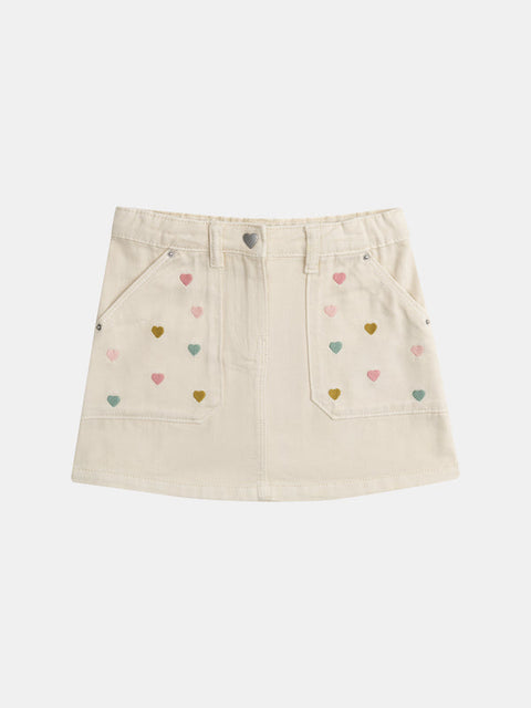 Cream Heart Embroidered Cotton Twill Skirt