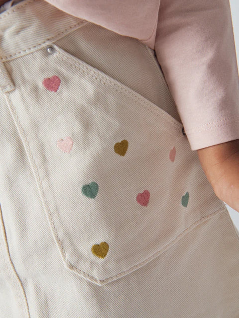 Cream Heart Embroidered Cotton Twill Skirt