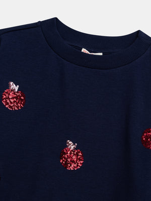 Navy Sequined Apple Pattern Fleece Sweatshirt