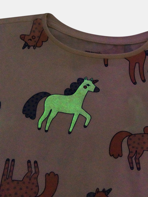 Glow In The Dark Cream Unicorn Print Nightdress/Pyjama Combo