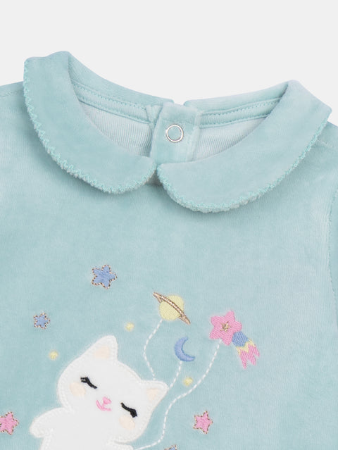 Sage Green Cat Print Velour Sleepsuit