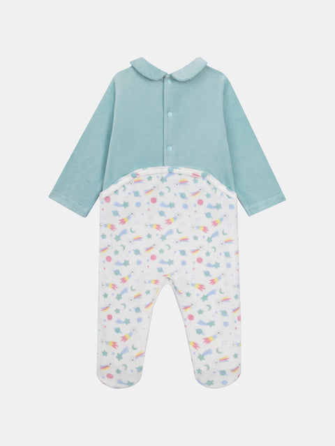 Sage Green Cat Print Velour Sleepsuit