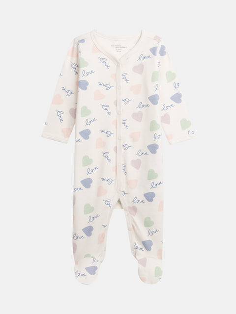 Cream Heart Print Cotton Sleepsuit