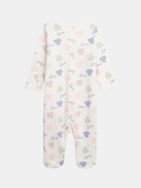 Cream Heart Print Cotton Sleepsuit