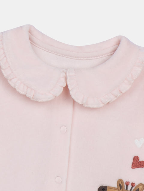 Pink Giraffe Applique Velour Sleepsuit