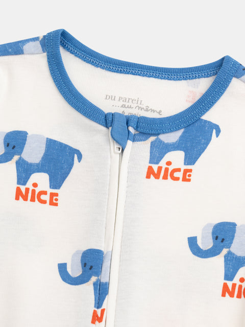 Off White Elephant Print Cotton Sleepsuit