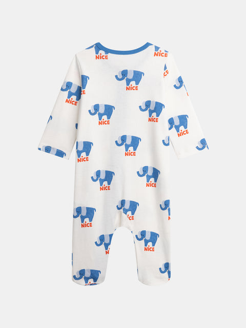 Off White Elephant Print Cotton Sleepsuit