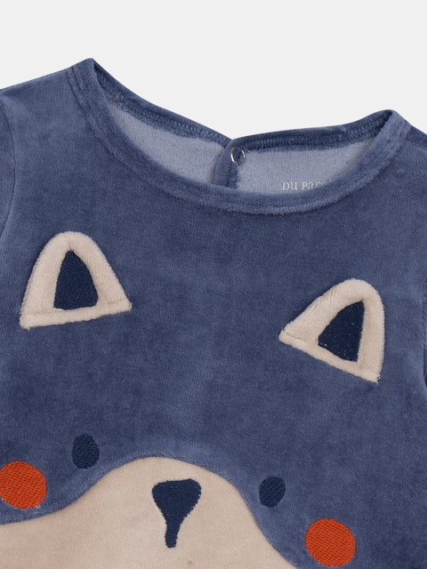 Blue Fox Applique Velour Sleepsuit