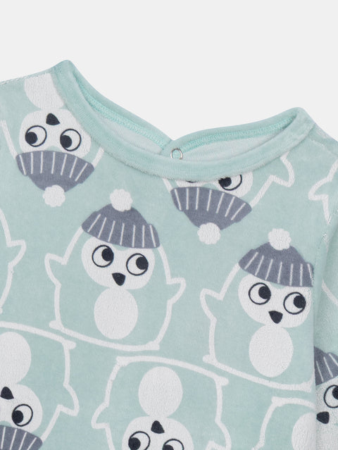 Blue Penguin Print Velour Sleepsuit