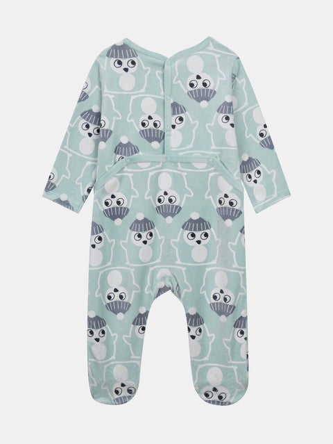 Blue Penguin Print Velour Sleepsuit