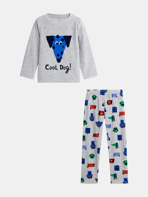 Grey Dog Print Velour Pyjamas