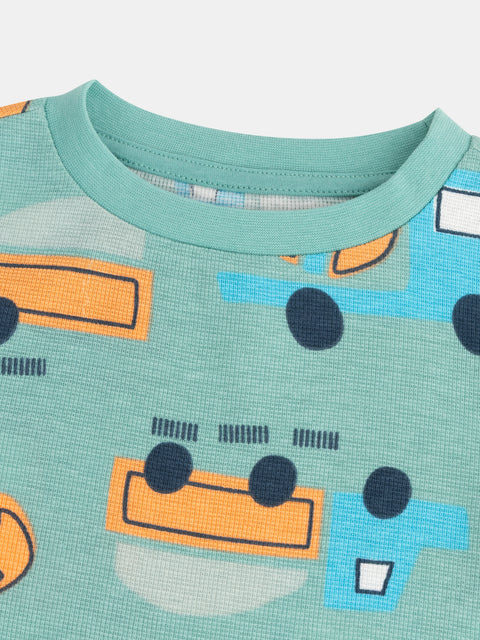 Turquoise Machinery Print Waffle Cotton Pyjamas