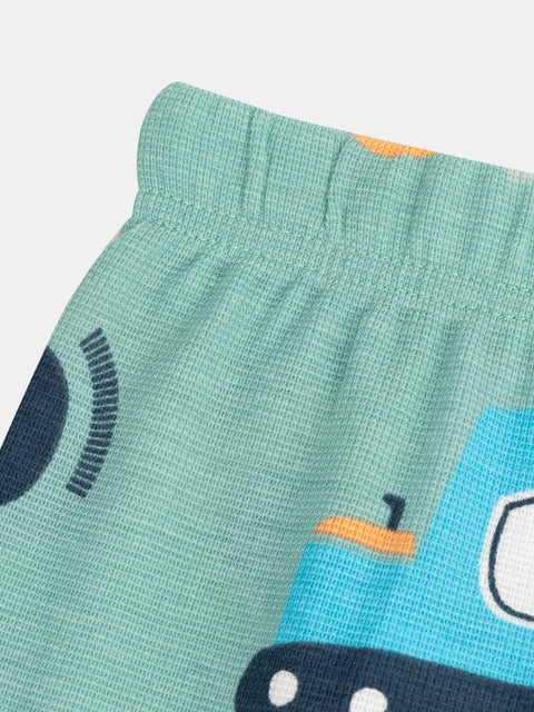 Turquoise Machinery Print Waffle Cotton Pyjamas