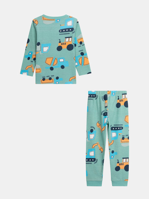 Turquoise Machinery Print Waffle Cotton Pyjamas