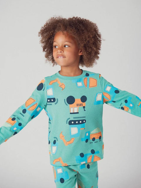 Turquoise Construction Vehicle Print Waffle Cotton Pyjamas