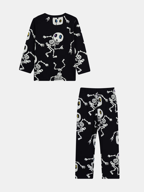 Black Skeleton Print Glow In The Dark Cotton Pyjamas