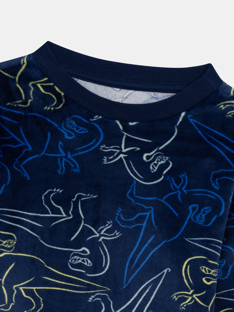 Navy Dinosaur Print Velour Pyjamas