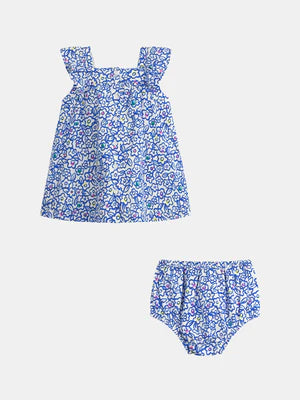 Lined Blue Floral Print Cotton Poplin Dress With Bloomers