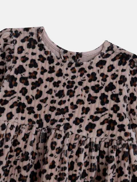 Beige Corduroy Animal Print Dress
