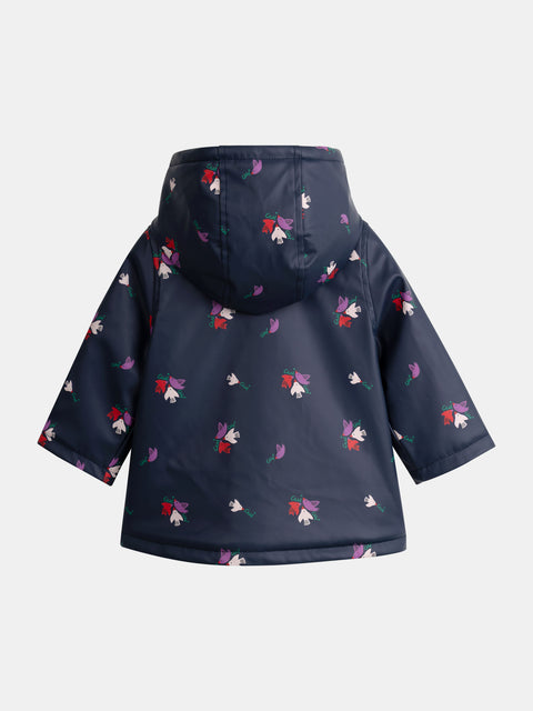 Soft Boa Lined Navy Floral Print Rain Coat
