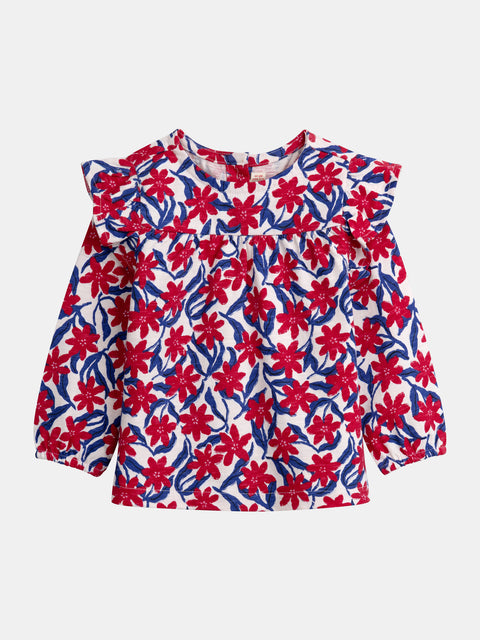 Red Floral Print Cotton Top With Matching Blue Leggings