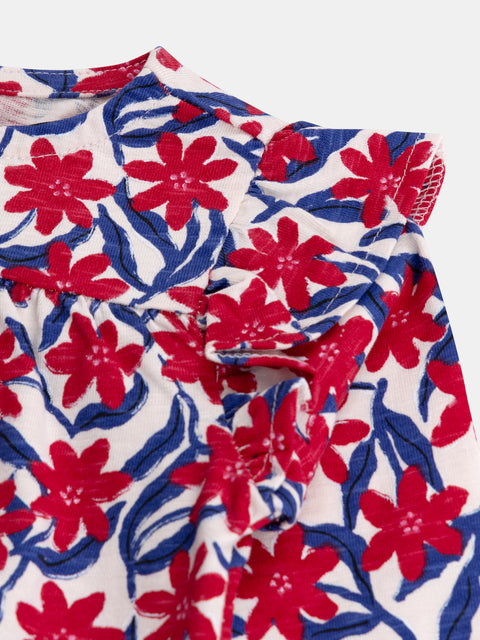 Red Floral Print Cotton Top With Matching Blue Leggings