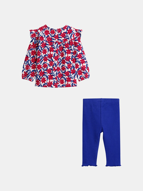 Red Floral Print Cotton Top With Matching Blue Leggings