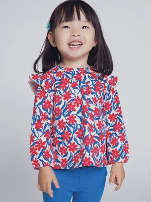 Red Floral Print Cotton Top With Matching Blue Leggings