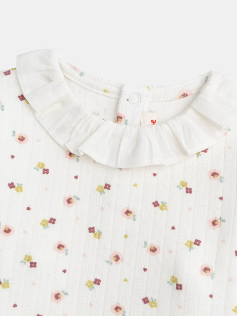 Cream Floral Print Pointelle Cotton T-shirt
