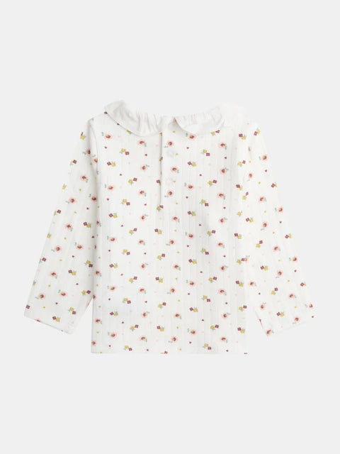 Cream Floral Print Pointelle Cotton T-shirt