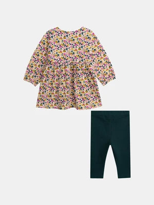Floral Print Cotton Fleece Dress With Green Leggings
