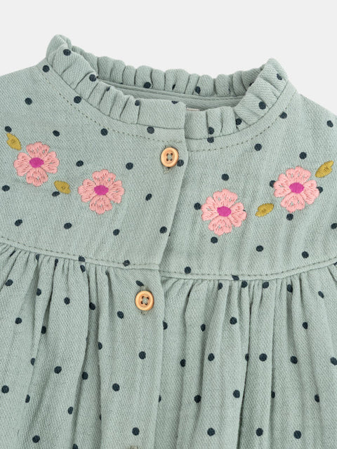 Lined Embroidered Sage Green Floral Print Cotton Dress