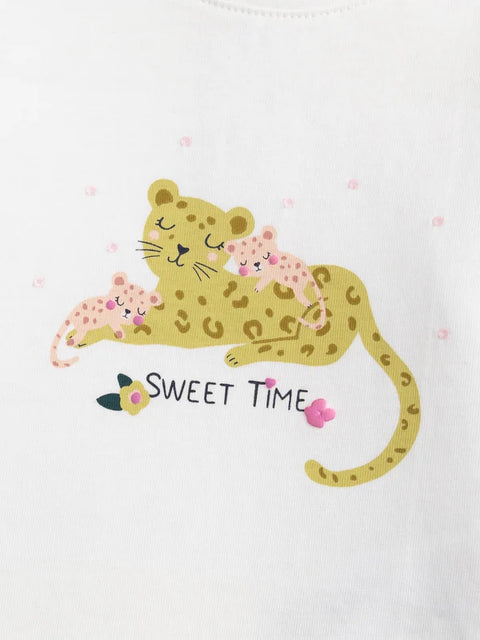 Ruffle Detail Tiger Print Cotton T-shirt