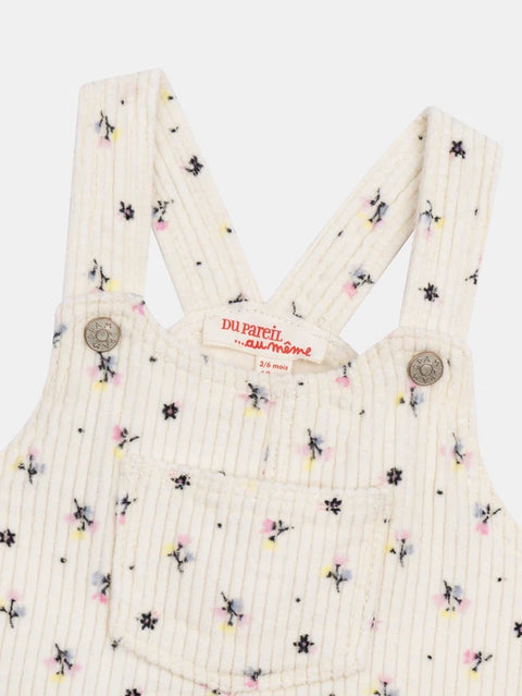Lined Off White Floral Print Dungaree Style Velvet Dress