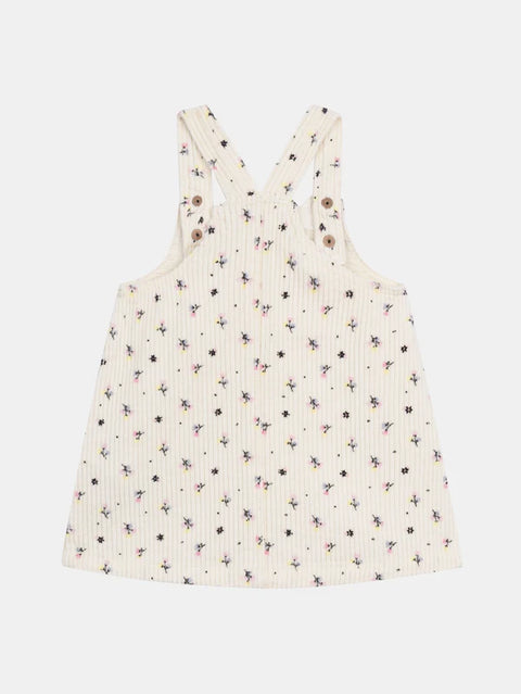 Lined Off White Floral Print Dungaree Style Velvet Dress