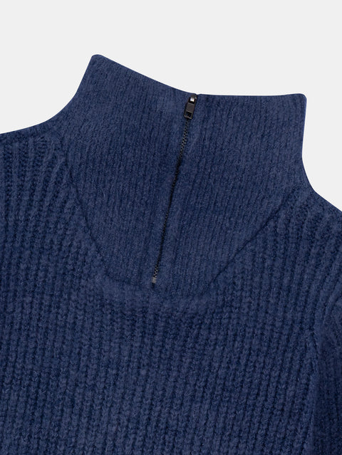 Ribbed Blue Quarter Zip Funnel Neck Jumper