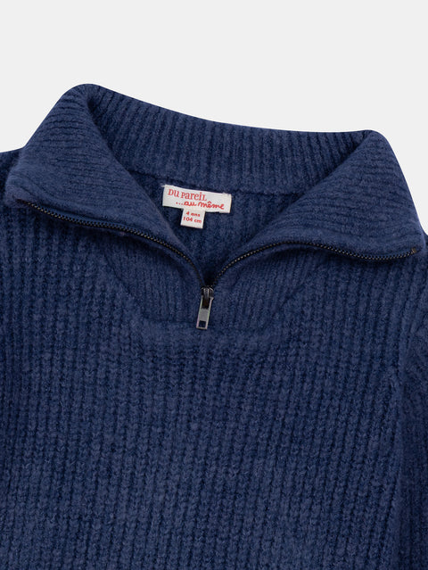 Ribbed Blue Quarter Zip Funnel Neck Jumper