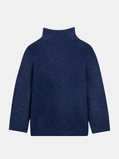 Ribbed Blue Quarter Zip Funnel Neck Jumper