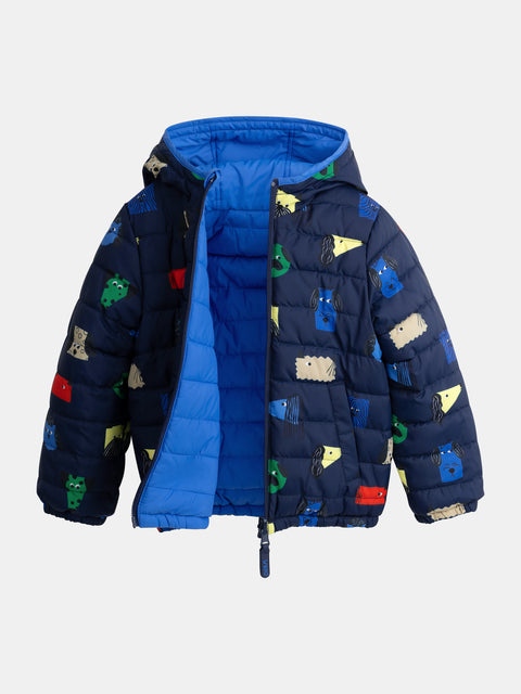 Reversible Navy Dog Print Hooded Jacket