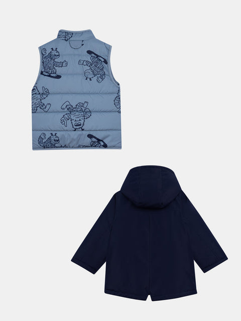 Navy Lined Canvas Coat With Detachable Printed Gilet